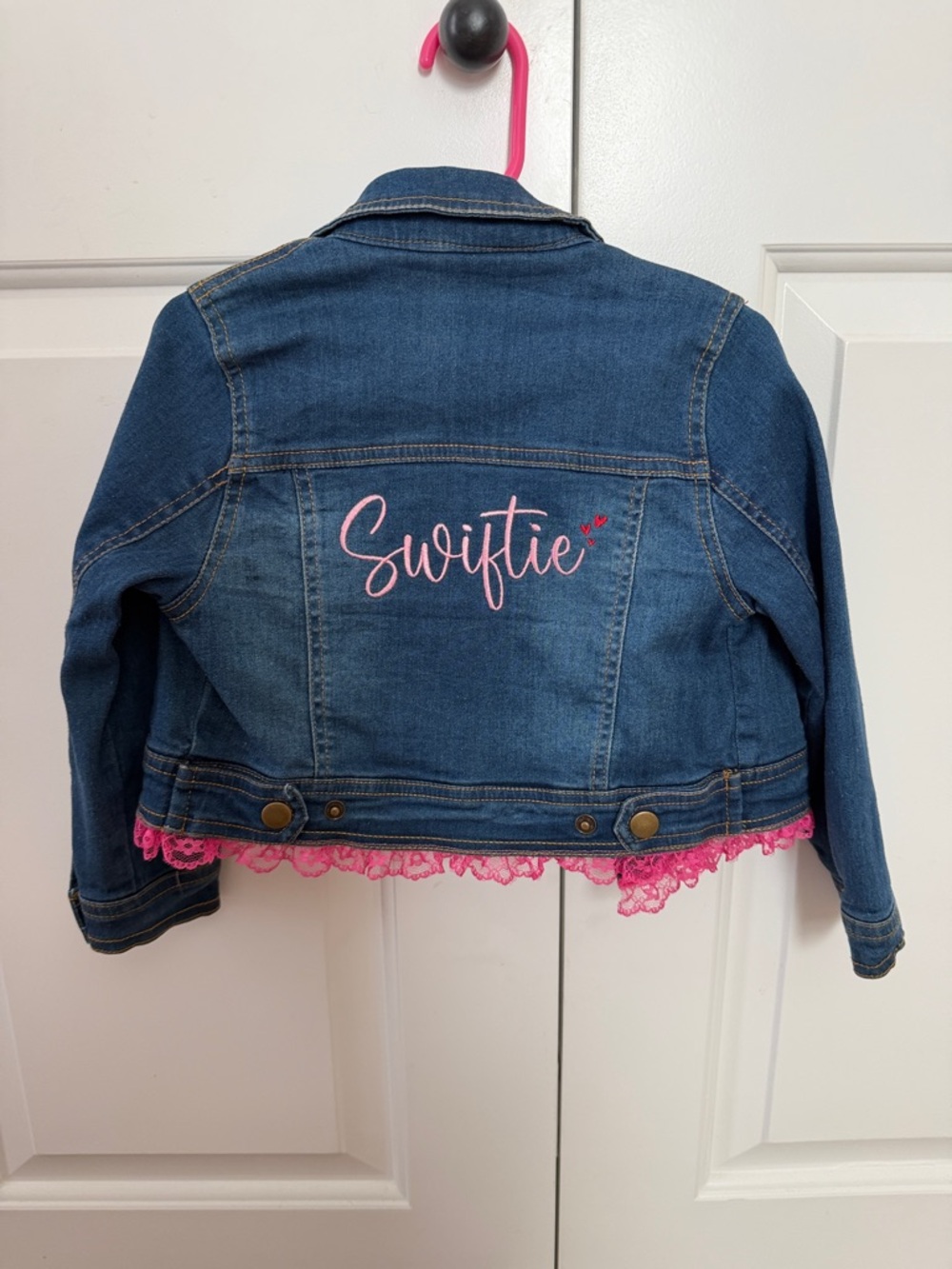 Pippa & Julie Blue Denim Jacket with Pink Lace "Swiftie" Embroidery